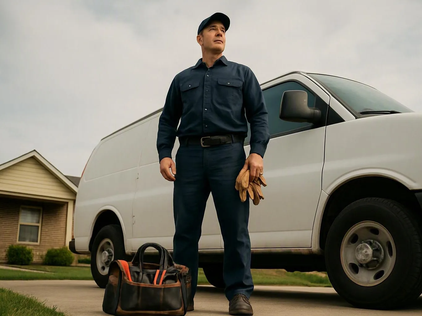 A uniformed man stands by a white van on a driveway, holding gloves with a tool bag at his feet