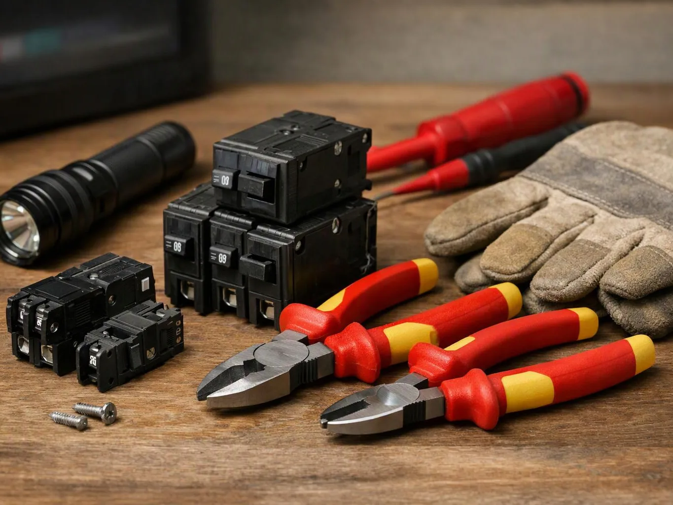 Assorted electrical tools, wire cutters, gloves, breakers, a flashlight, and screws rest on a wooden workbench