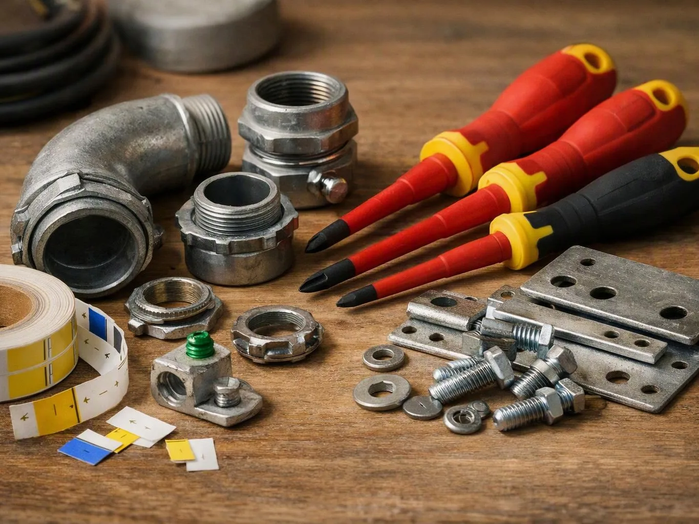 Assorted metal fittings, screws, brackets, and screwdrivers lie on a wooden workbench