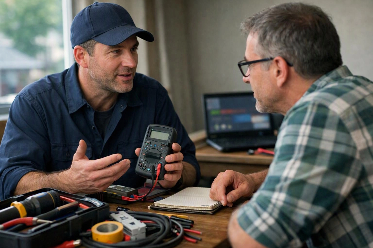 A man in a cap explains a multimeter to another man at a cluttered workbench indoors
