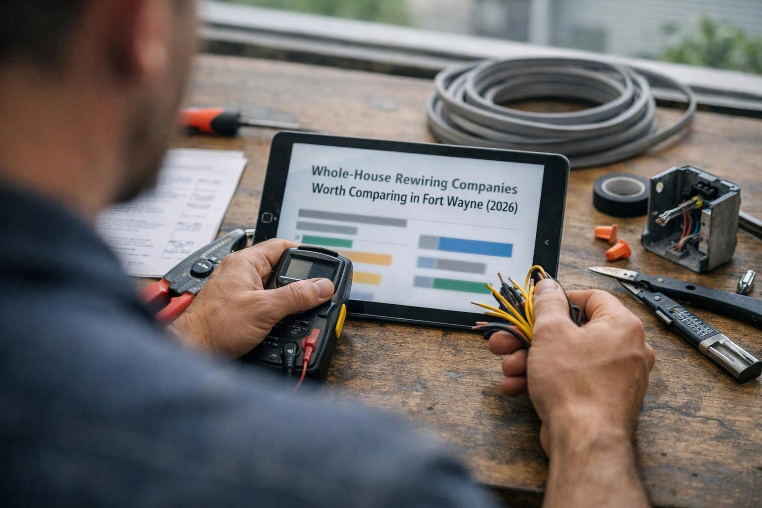 A worker holds a wire bundle and tester beside a tablet showing wiring comparison charts on a workbench