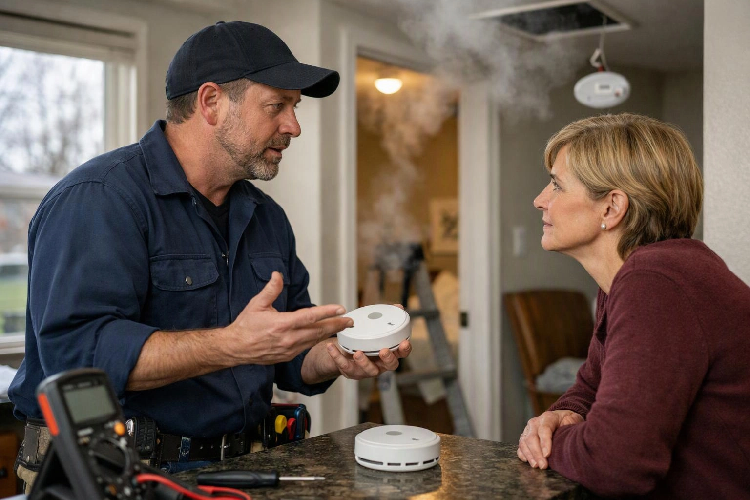 Two-person consultation photograph showing wide establishing view of a setting where "Emergency Electrical Problems Involving Smoke and Carbon Monoxide Detectors" naturally arises