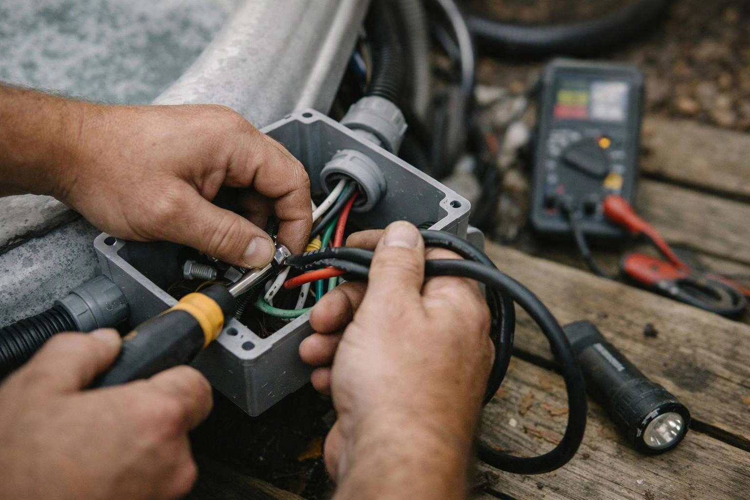 Hands wire an open electrical junction box on a wooden workbench, with tools and a multimeter nearby