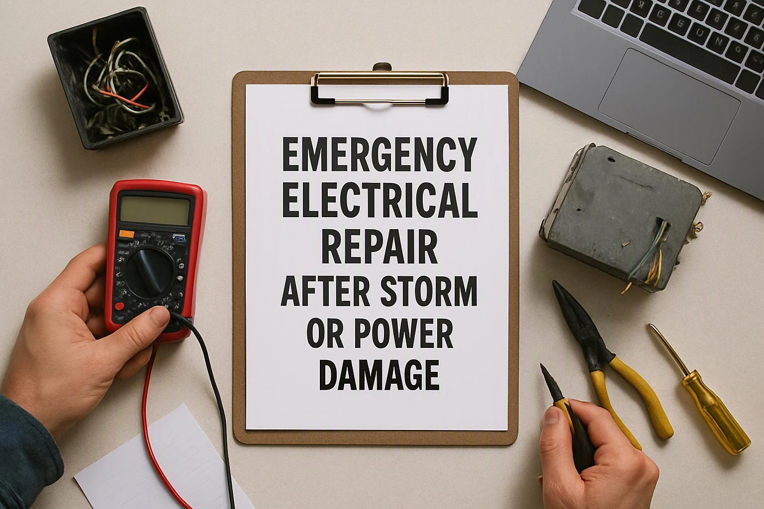 Aerial top-down flat-lay photograph of wide establishing view of a setting where "Emergency Electrical Repair After Storm or Power Damage" naturally arises