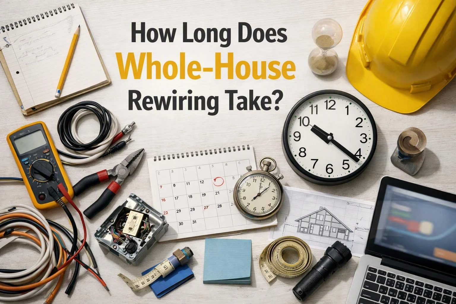 Aerial top-down flat-lay photograph of overhead flat-lay of items that represent "How Long Does Whole-House Rewiring Take?" in a 24 Hour Electrician