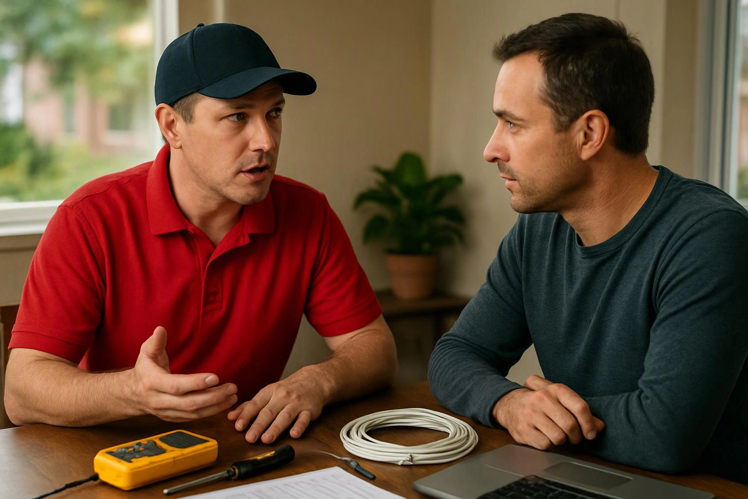 Two men sit at a table talking, with a yellow tester, screwdriver, cable coil, and laptop in front of them