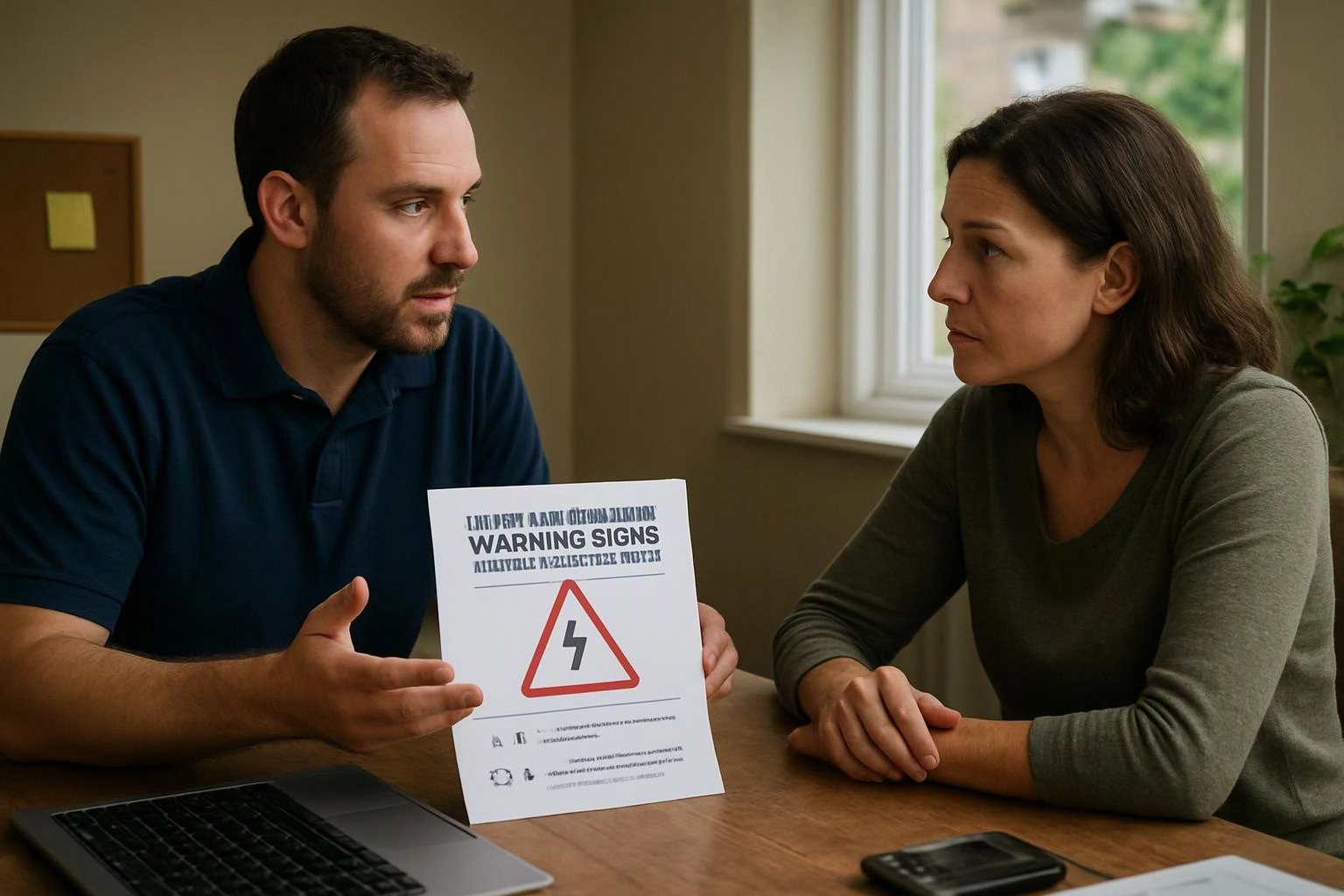 Two-person consultation photograph showing environmental still life in a real workspace where "Electrical Emergency Warning Signs Homeowners Should Not Ignore" is planned