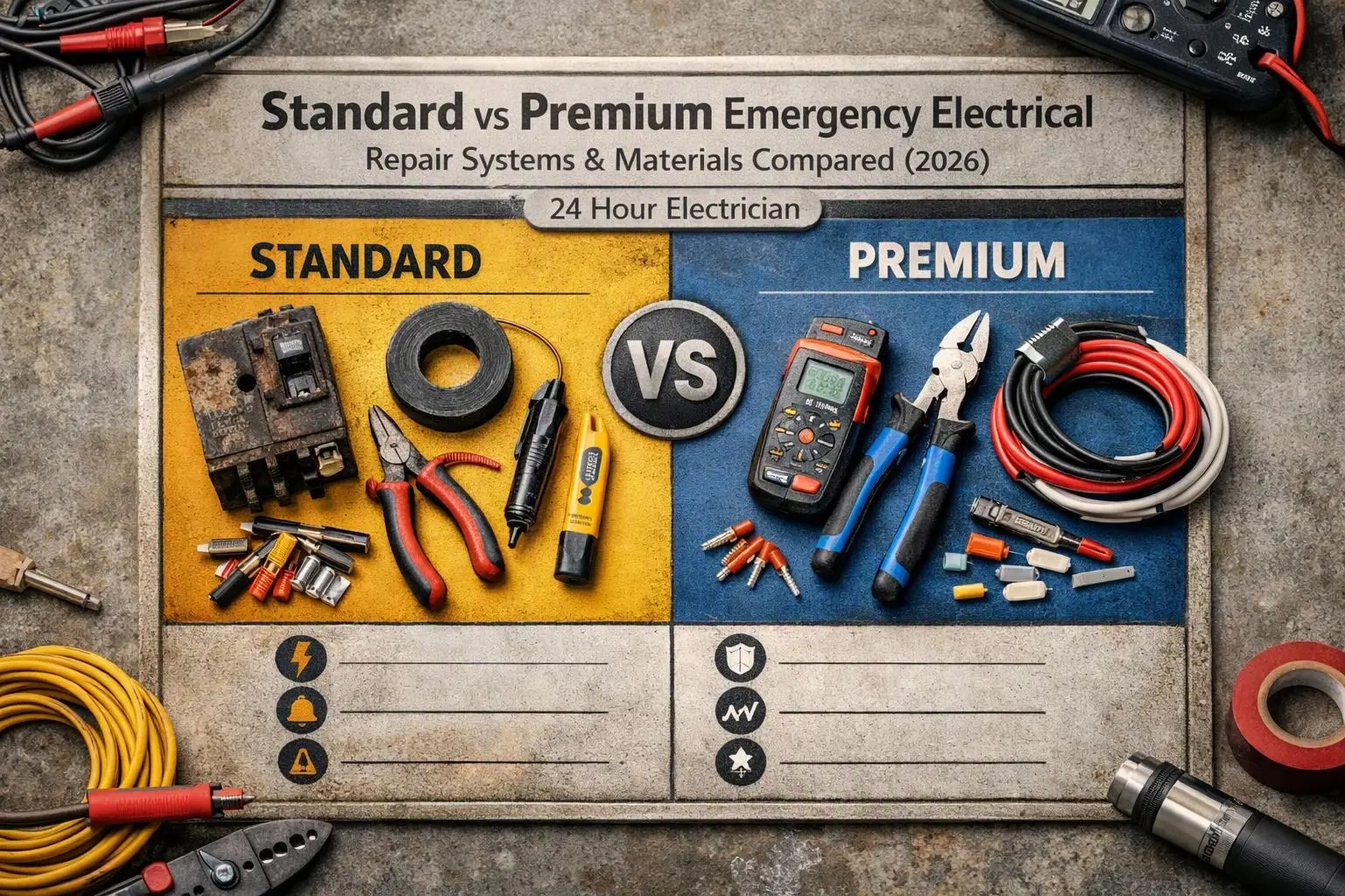 A comparison graphic shows standard and premium electrician repair tools and materials on a gray surface with cable coils and test gear around it
