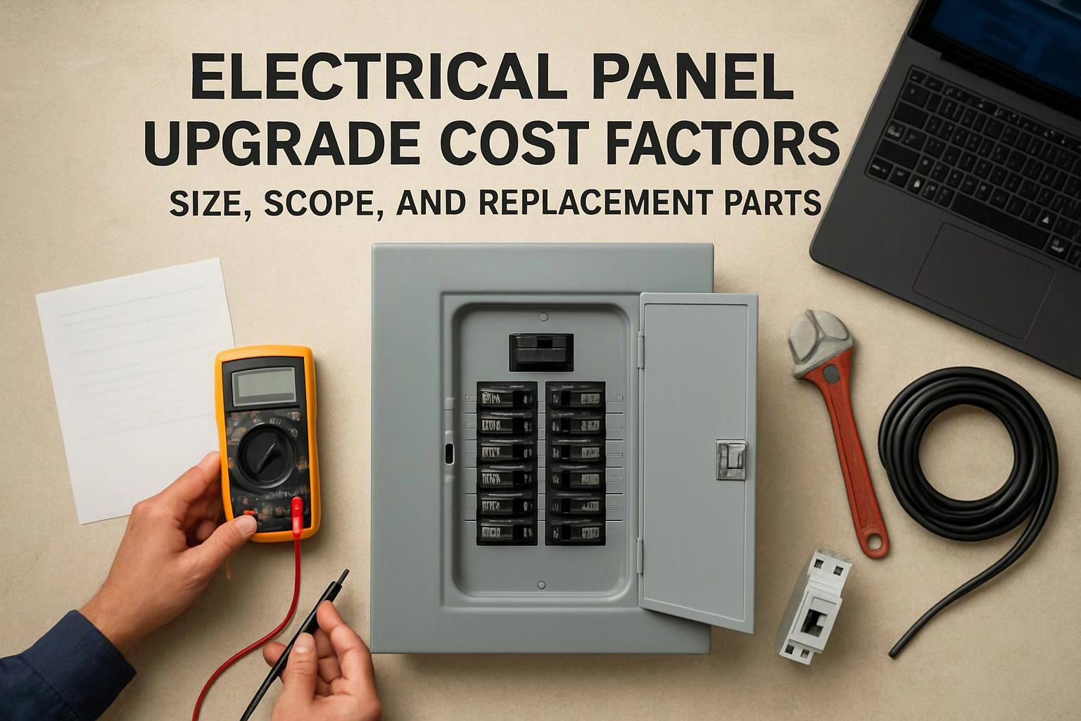 Aerial top-down flat-lay photograph of wide establishing view of a setting where "Electrical Panel Upgrade Cost Factors: Size