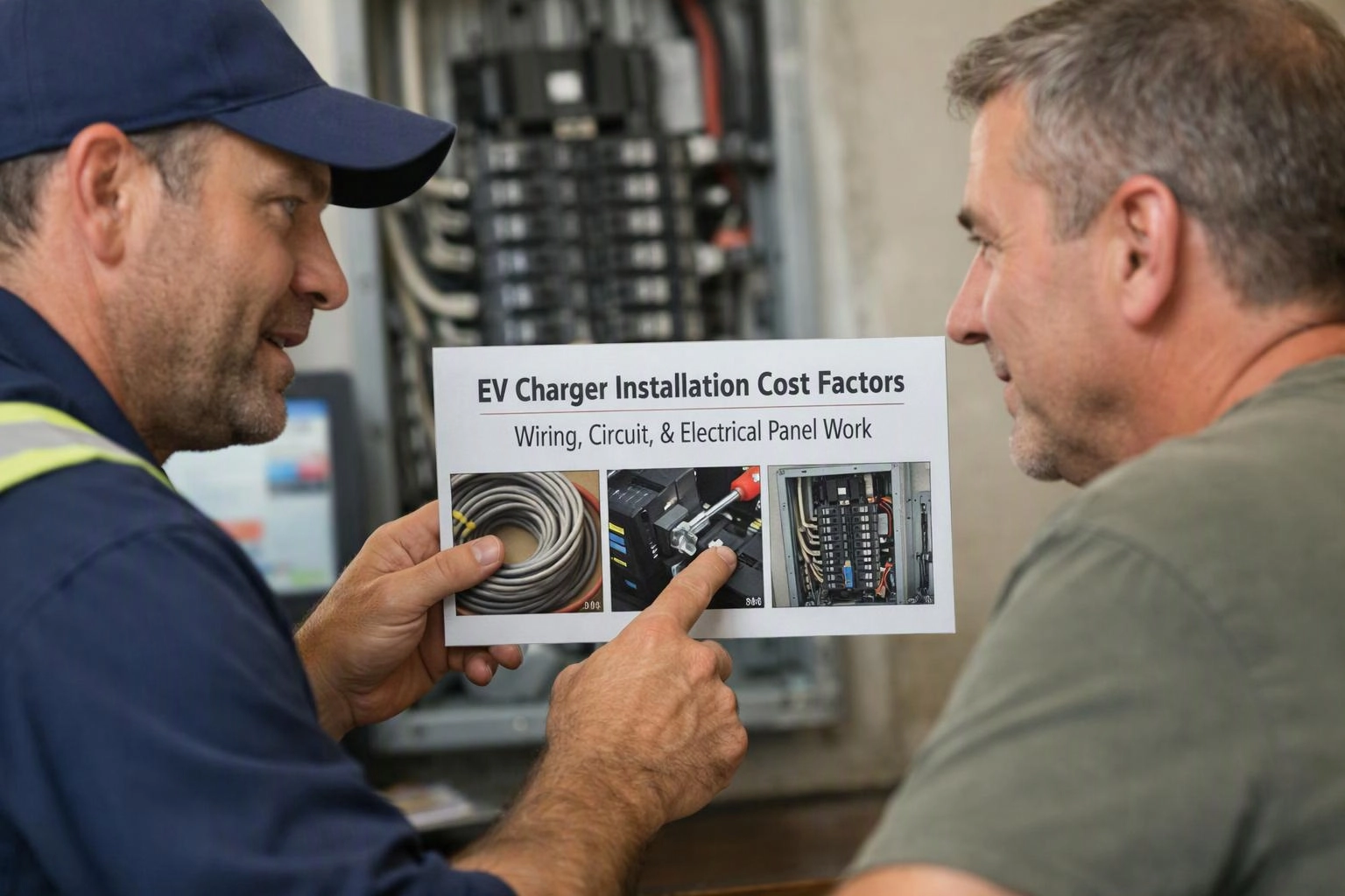 Two men study a flyer about EV charger installation costs in front of an electrical panel
