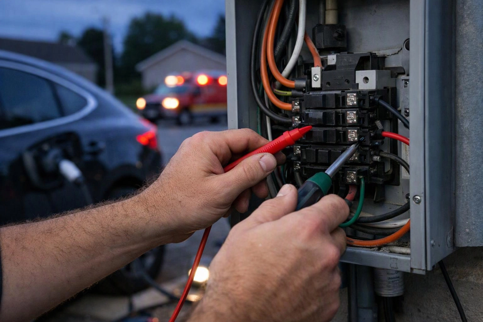 A worker tests wiring inside an open electrical panel beside a parked car at dusk