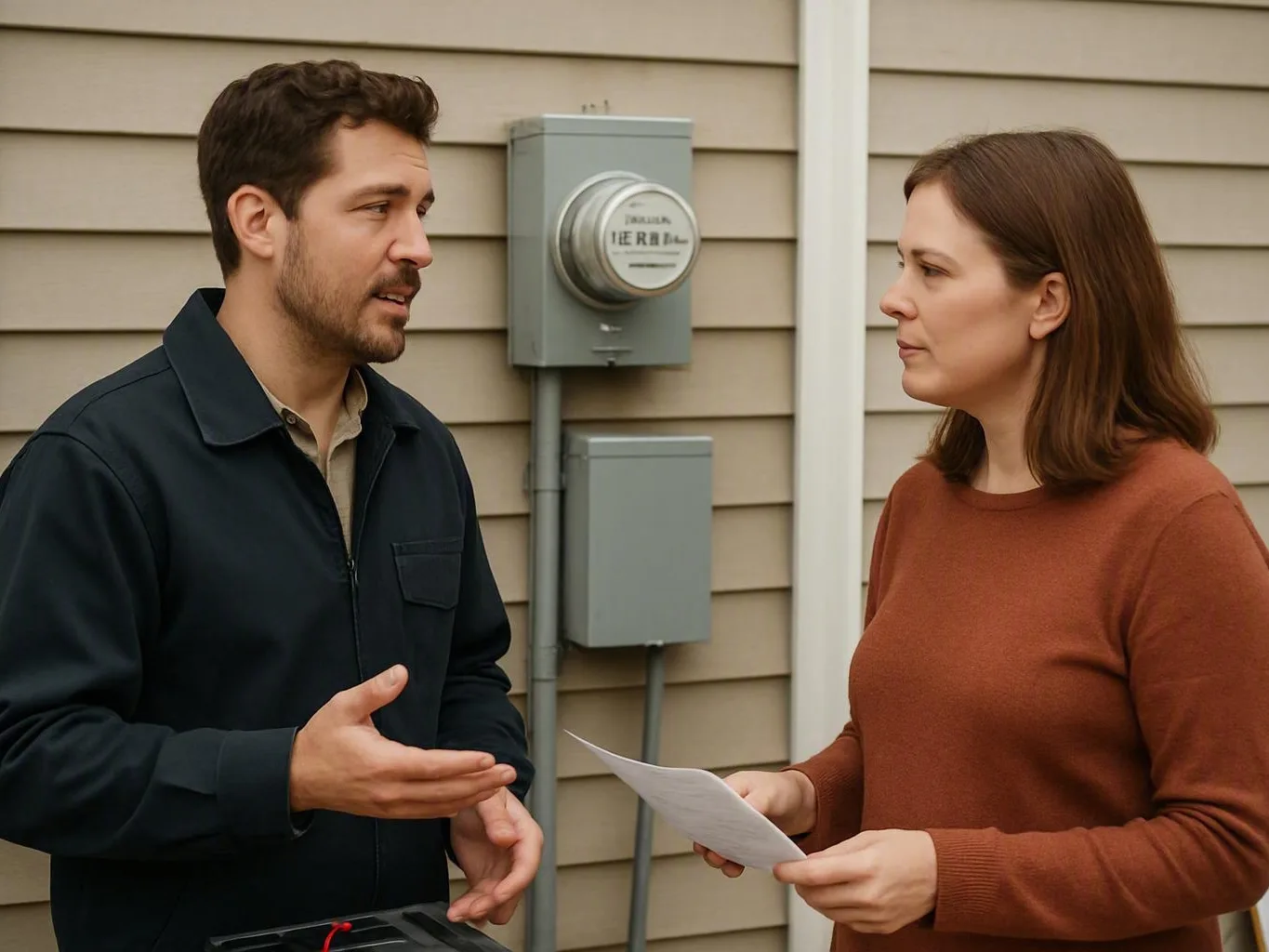 Man and woman discussing paperwork outside a house beside its electric meter