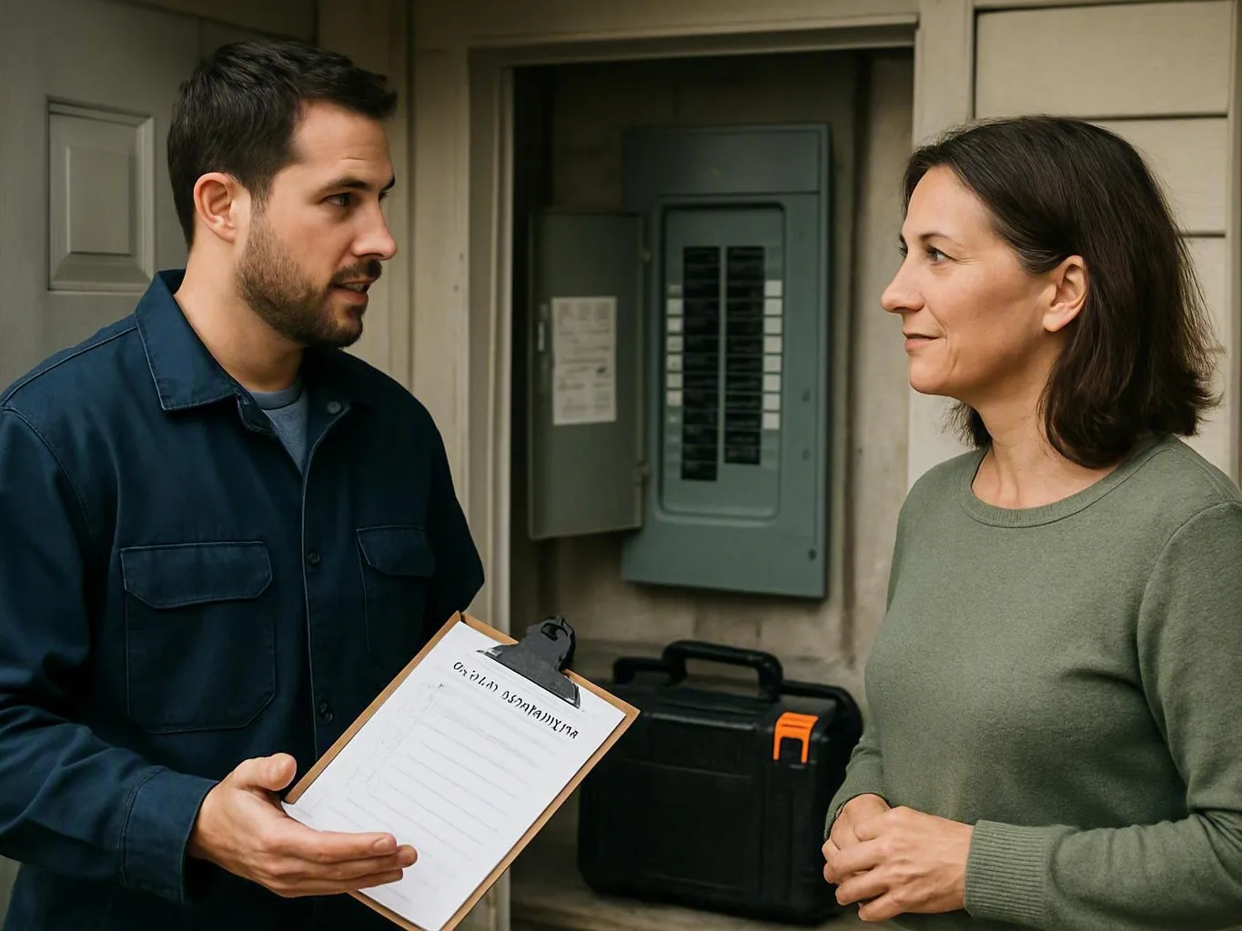 A man in a work shirt shows a clipboard to a woman standing by an open electrical panel outside a house