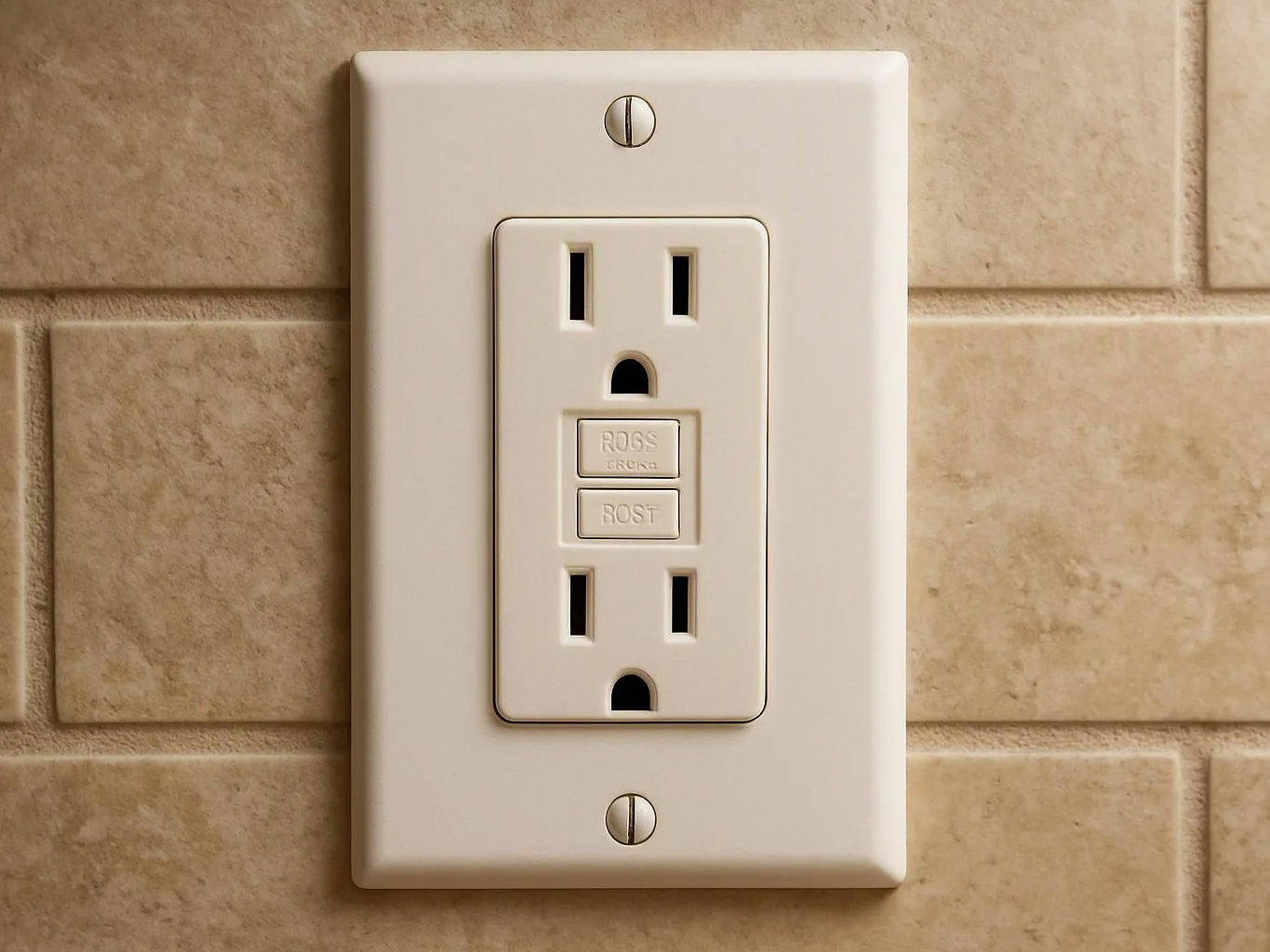 A beige GFCI electrical outlet sits on a tiled wall with visible reset and test buttons