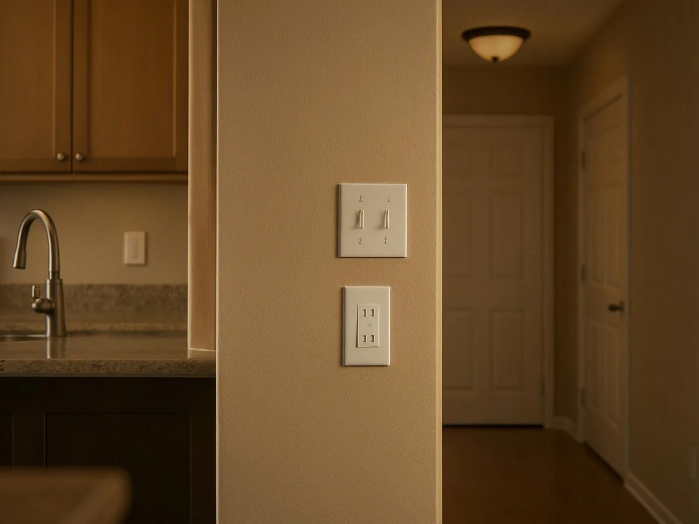 A beige hallway wall holds two switches, beside a kitchen sink and a closed doorway under warm light