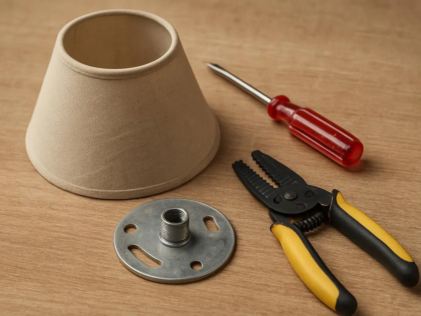 A beige lampshade, screwdriver, wire stripper, and metal fixture part rest on a wooden table