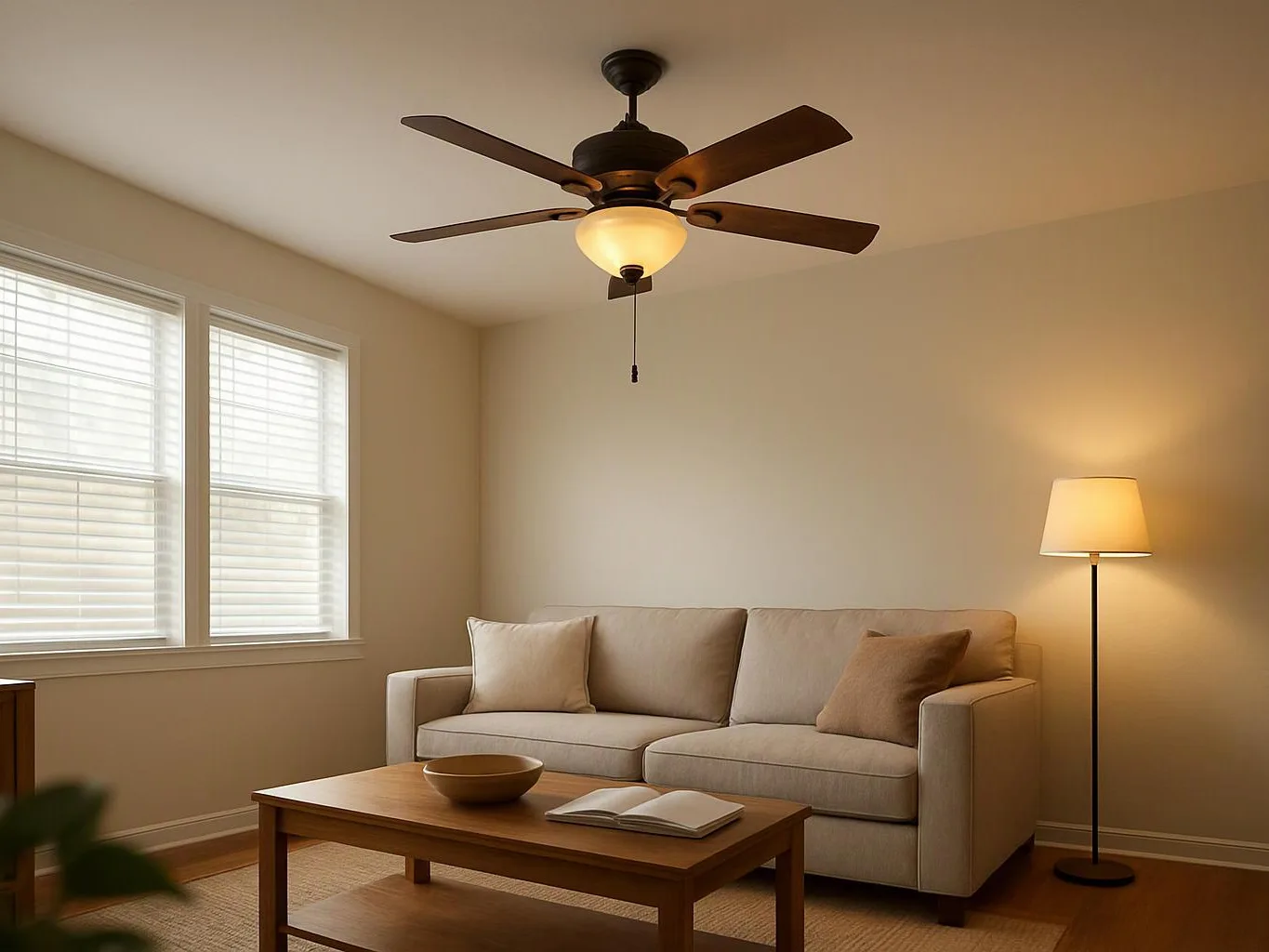 A beige living room shows a sofa, coffee table, floor lamp, ceiling fan, and bright windows