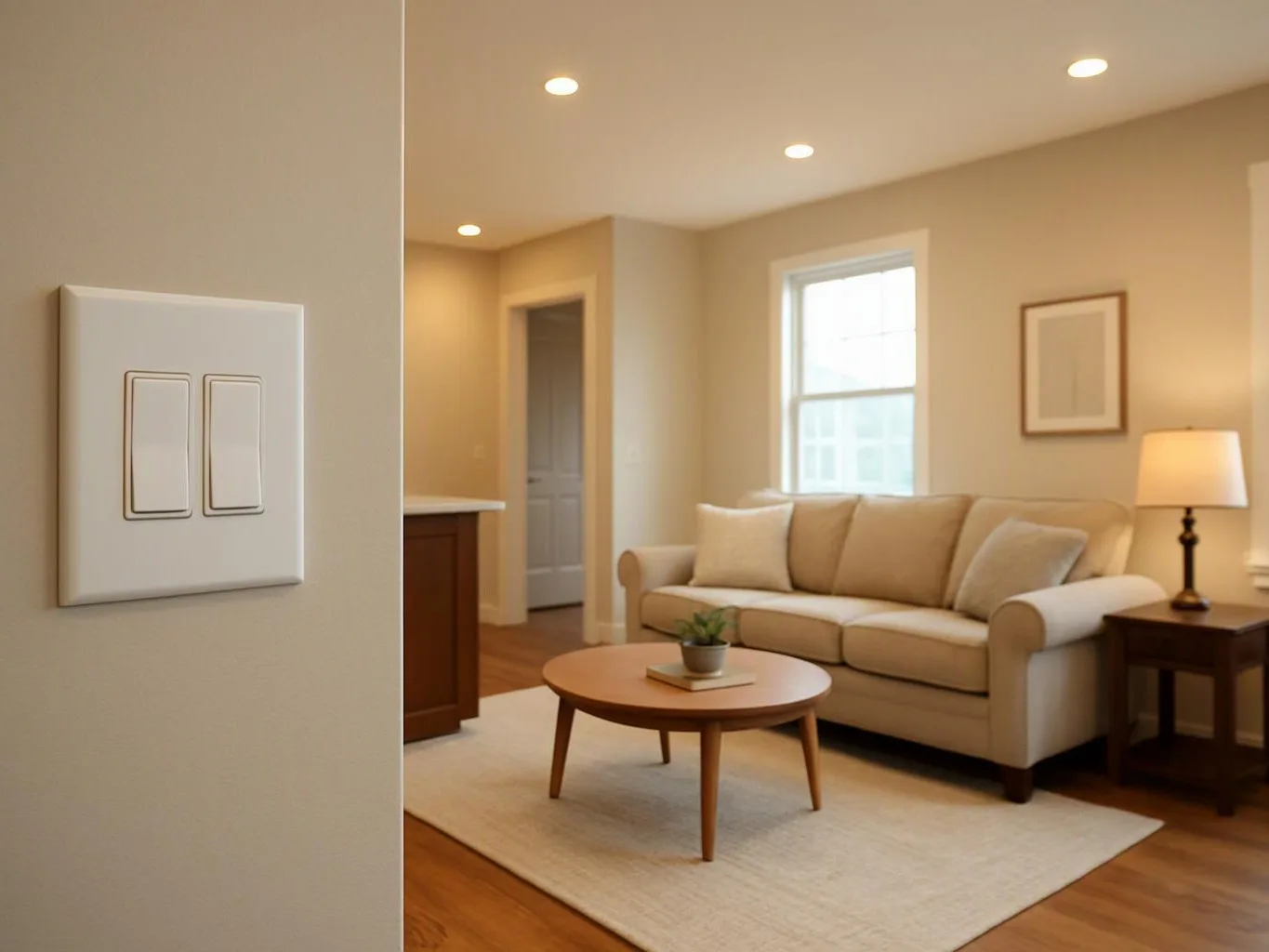 A beige living room with a sofa, coffee table, lamp, window, and a light switch in the foreground
