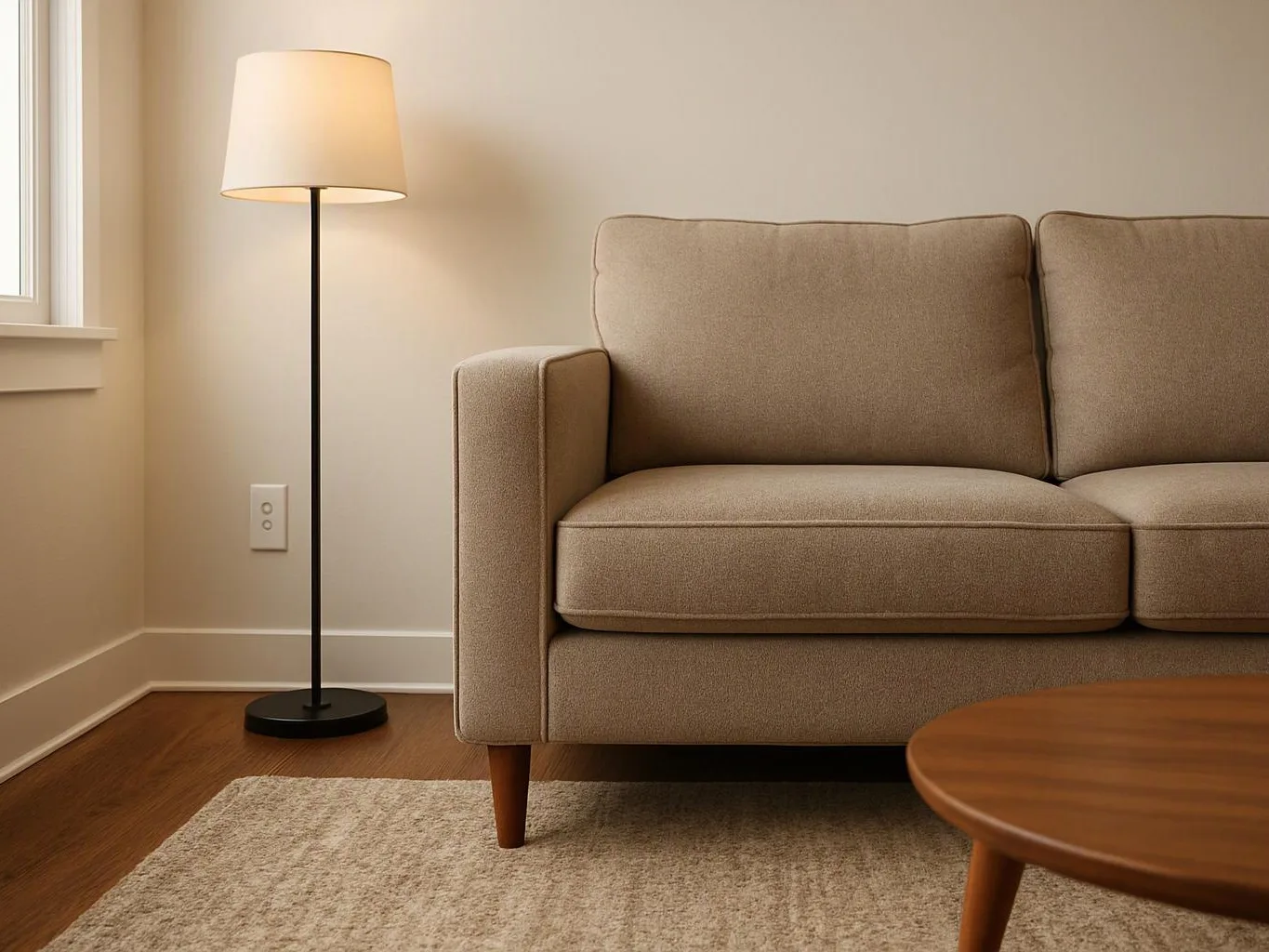 A beige sofa sits beside a lit floor lamp in a simple living room with a rug and wooden table