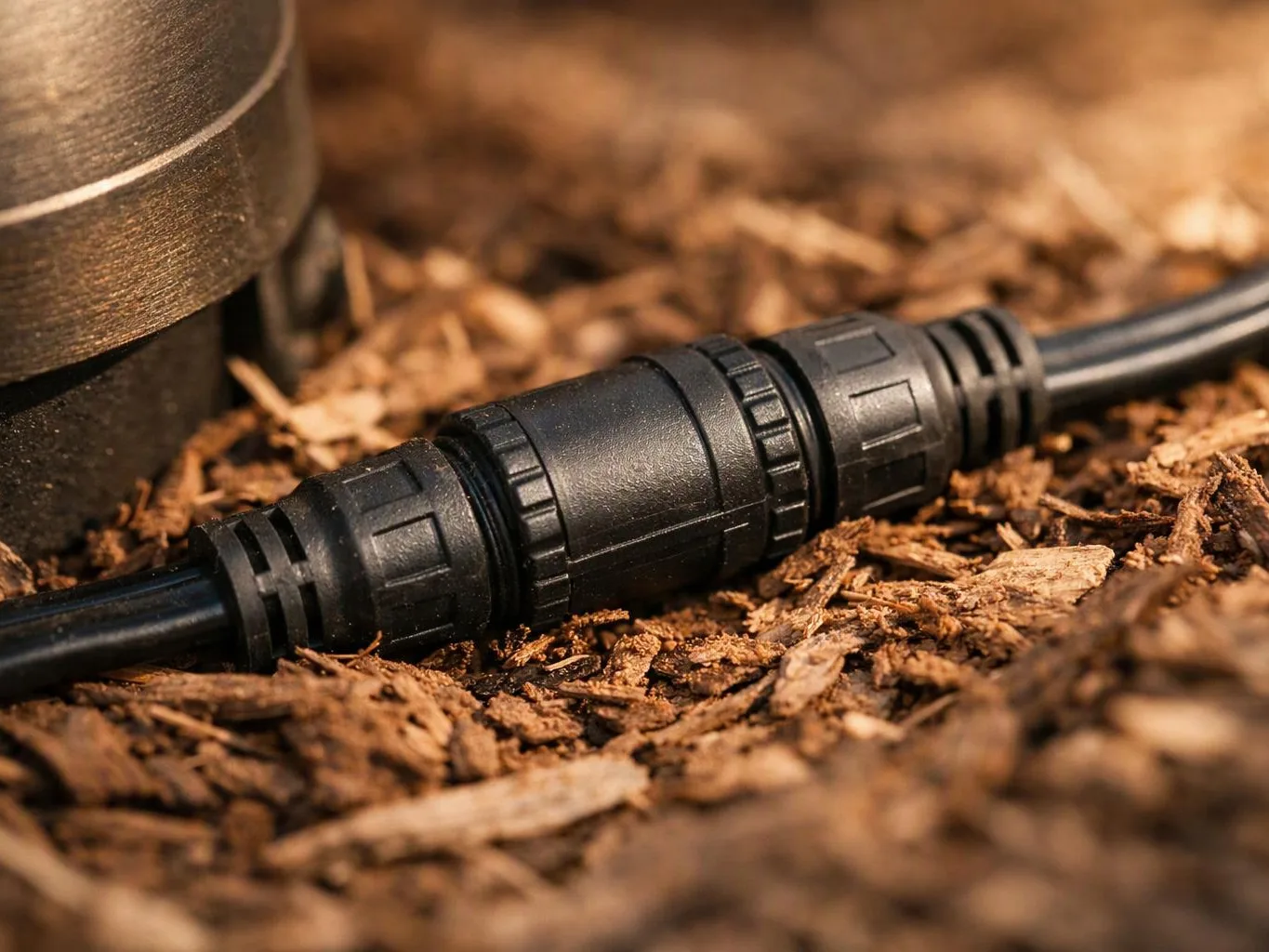 A black cable connector lies on wood chips beside a large metal container