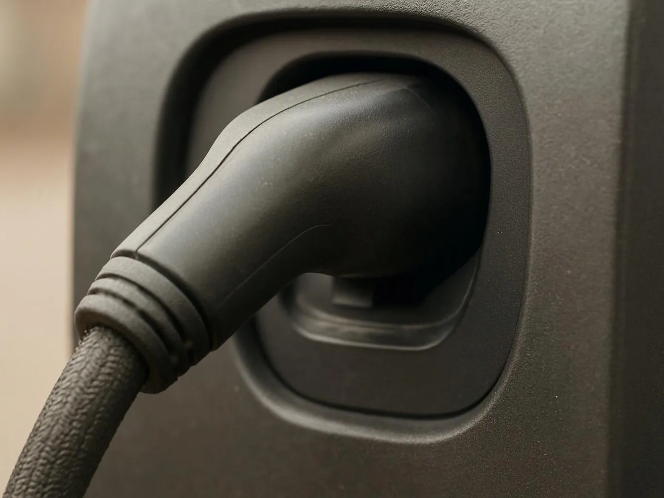 A black cable plugs into a dark rectangular port on a gray device panel