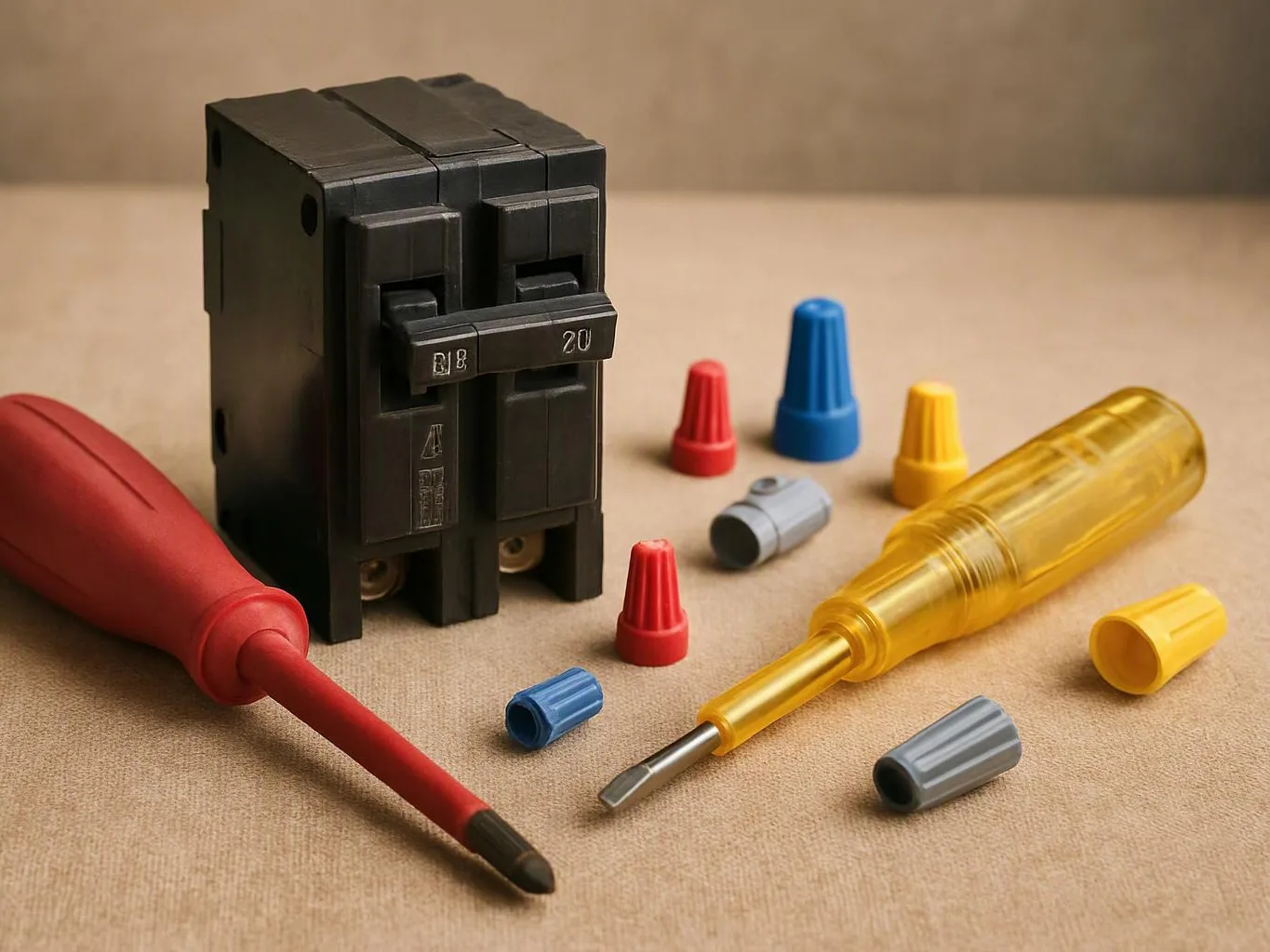 A black circuit breaker, two test screwdrivers, and colorful wire nuts sit on a beige surface