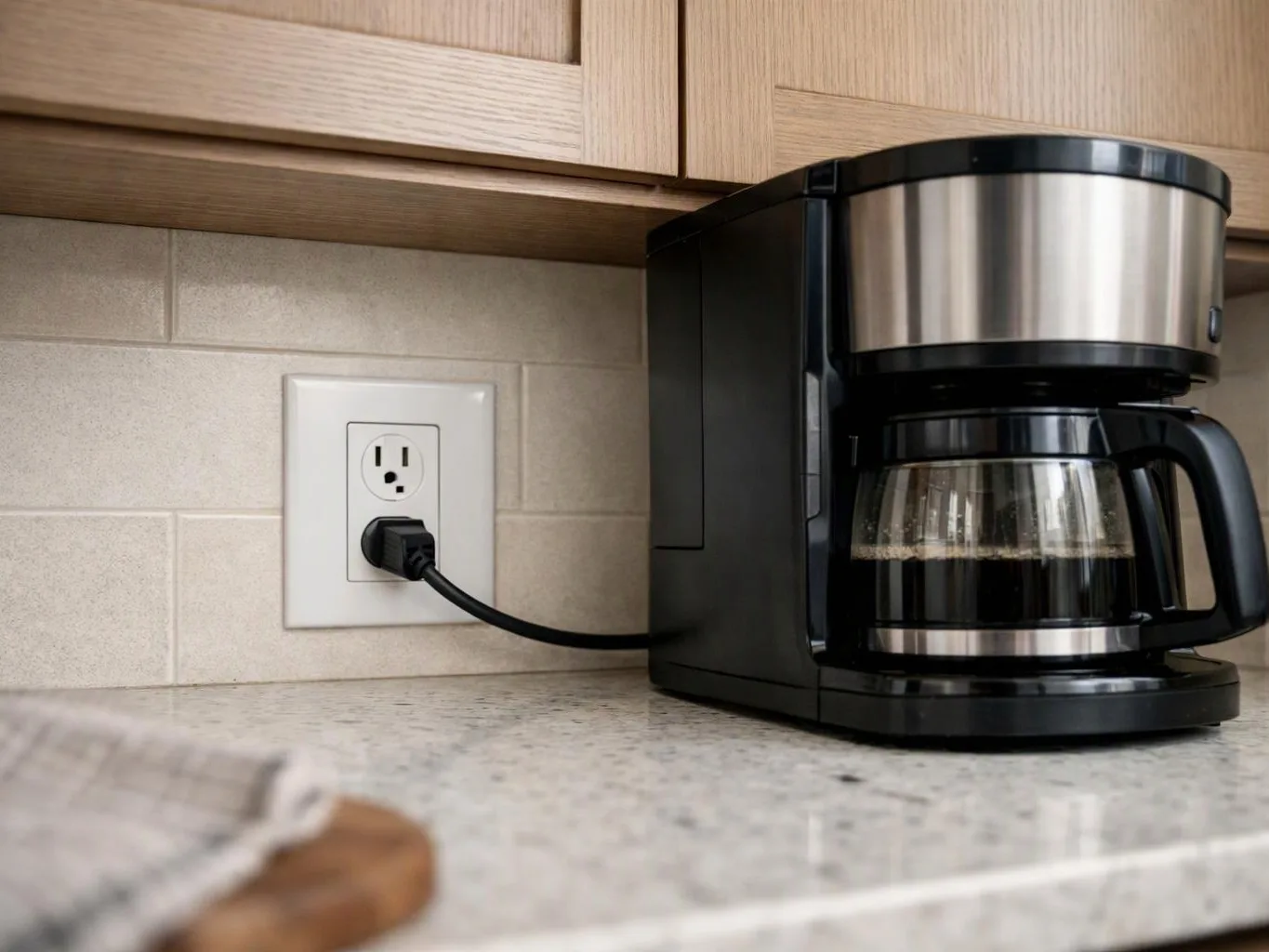 A black drip coffee maker sits on a kitchen counter beside a plugged-in wall outlet