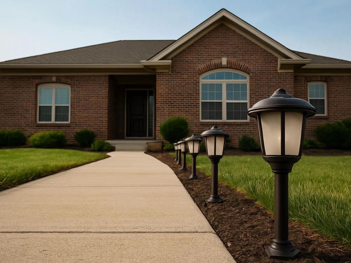 A brick house fronts a curved concrete walkway lined with black path lights and trimmed grass