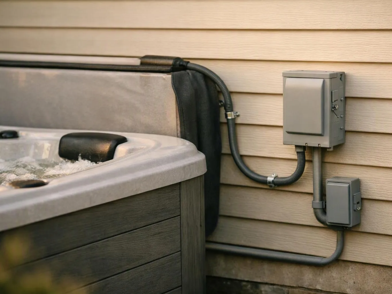 A bubbling hot tub sits beside beige siding, with gray electrical boxes and conduit mounted on the wall
