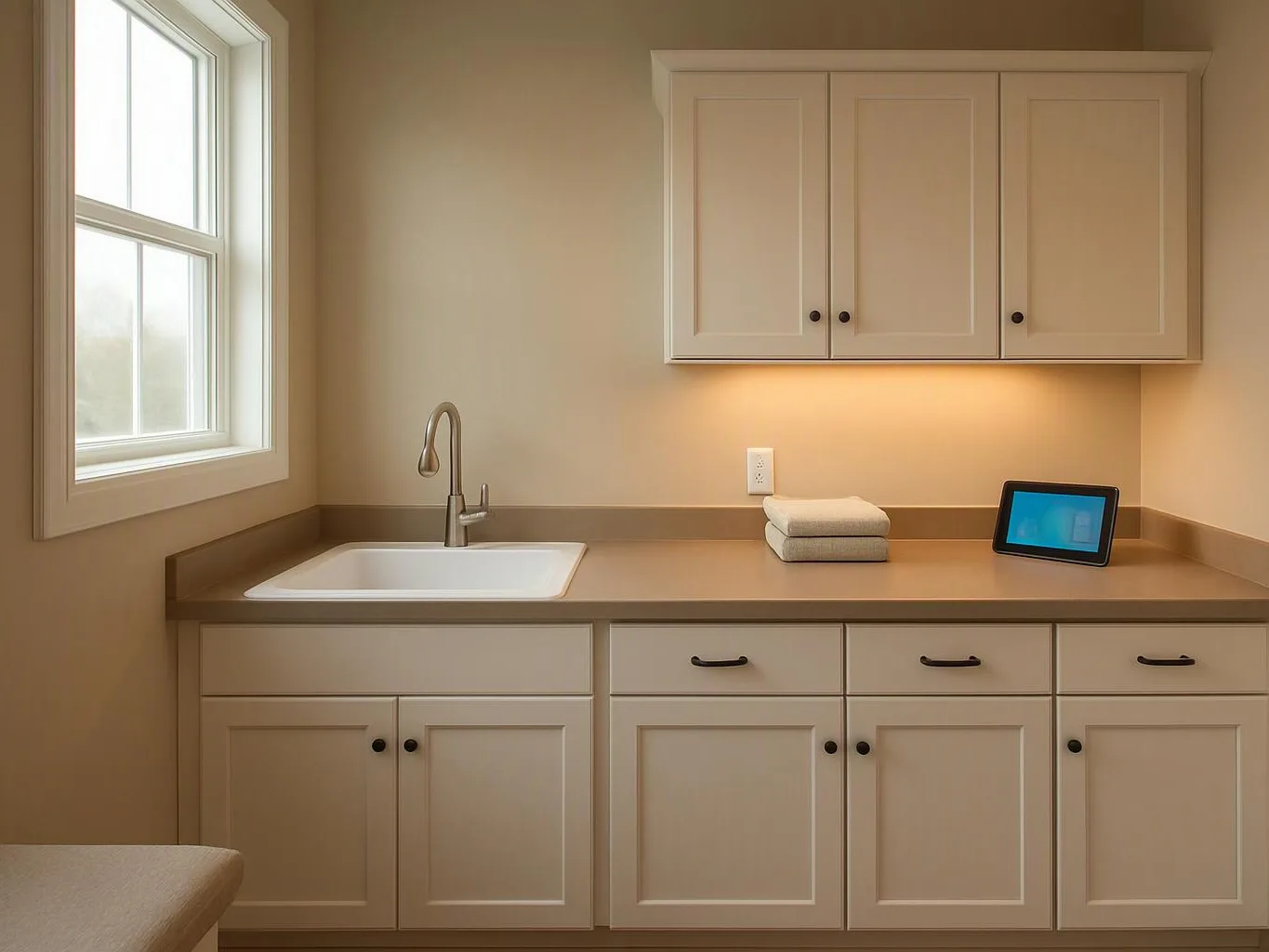 A clean laundry room shows white cabinets, a sink, folded towels, a tablet, and a bright window