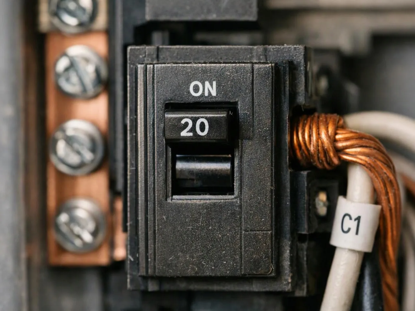 Close-up of a black circuit breaker labeled 20 and ON, with copper wiring and a C1 cable tag visible