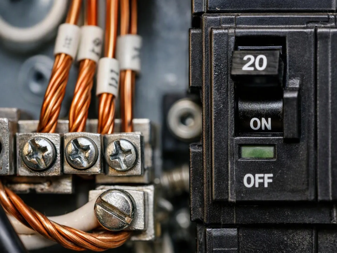 Close-up of a circuit breaker panel with copper wires and screw terminals beside a switch marked 20, ON, OFF
