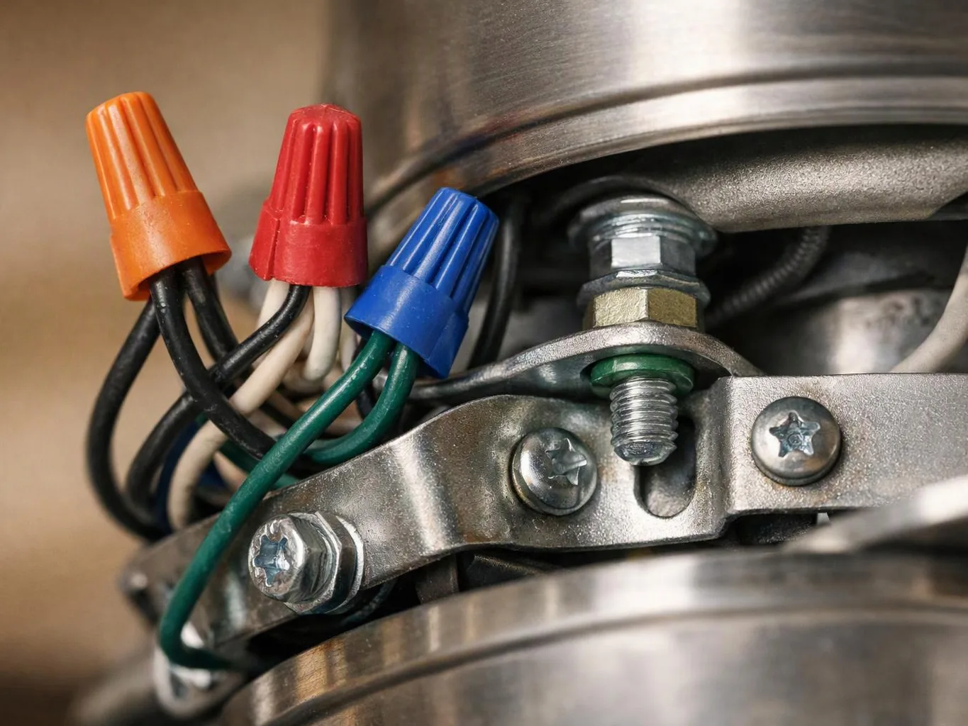 Close-up of color-coded wire nuts connected to metal wiring and screws inside a brushed steel appliance