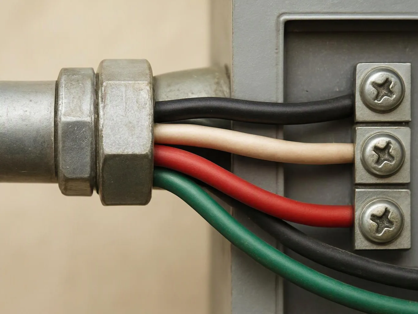 Close-up of colored electrical wires entering a gray metal box through a conduit fitting and screw terminals