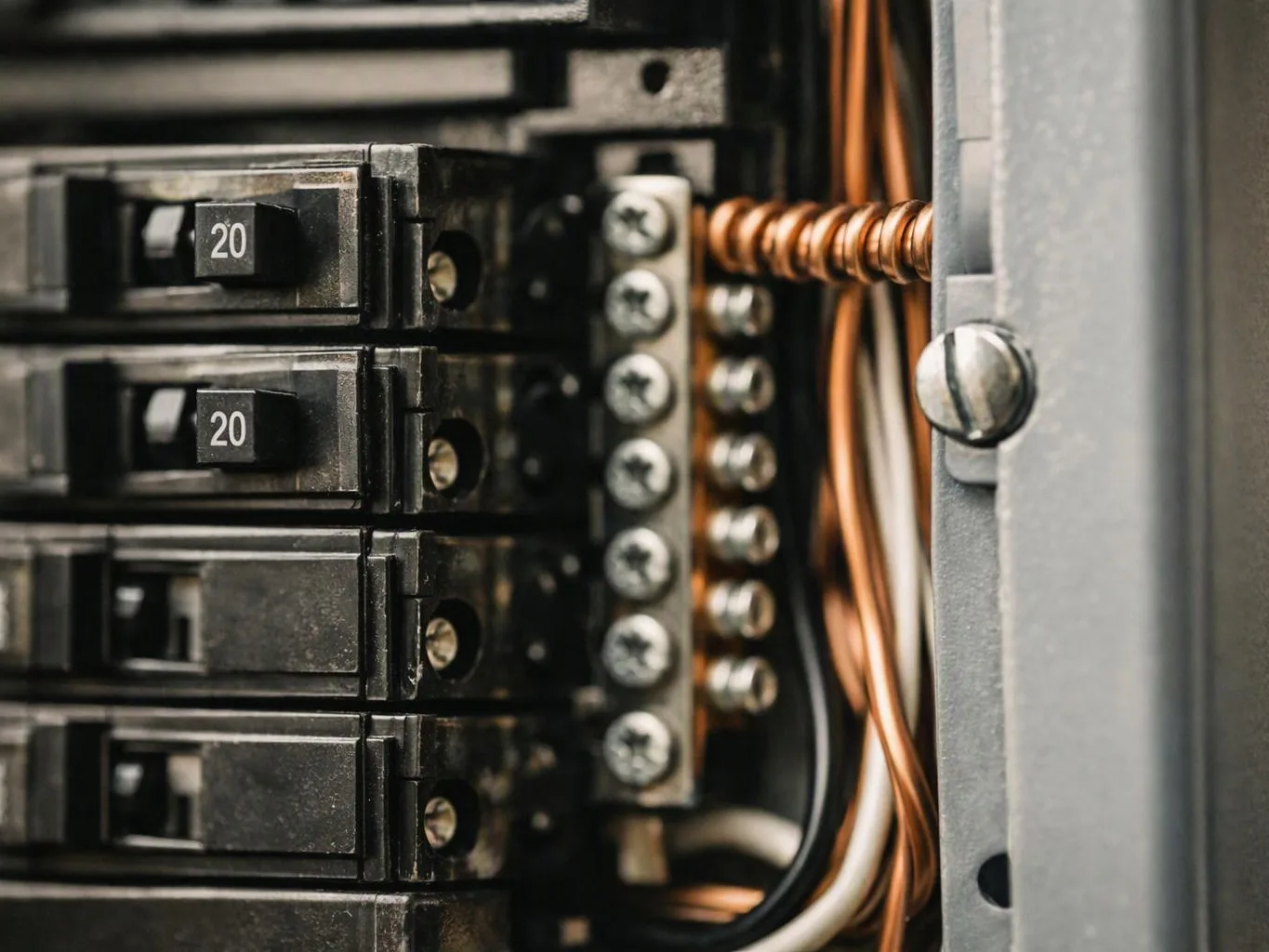 Close-up of an electrical breaker panel with black switches, copper wires, and metal screws inside a gray box