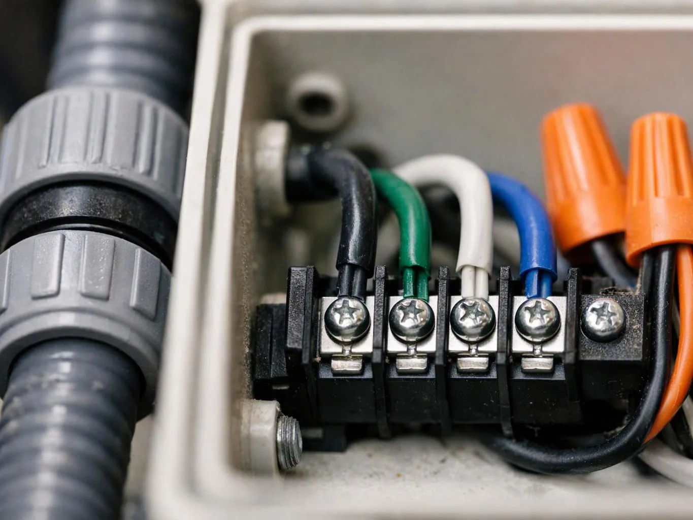 Close-up of electrical wires connected to a terminal block inside a gray box