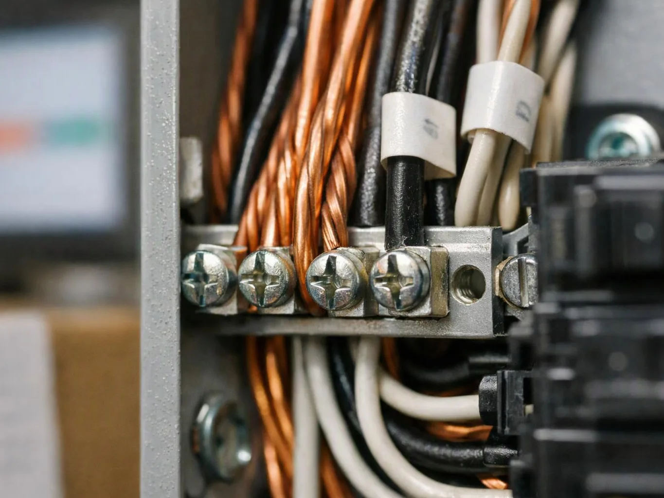 Close-up of electrical wires and screws inside a metal panel, showing a terminal block and circuit breaker components