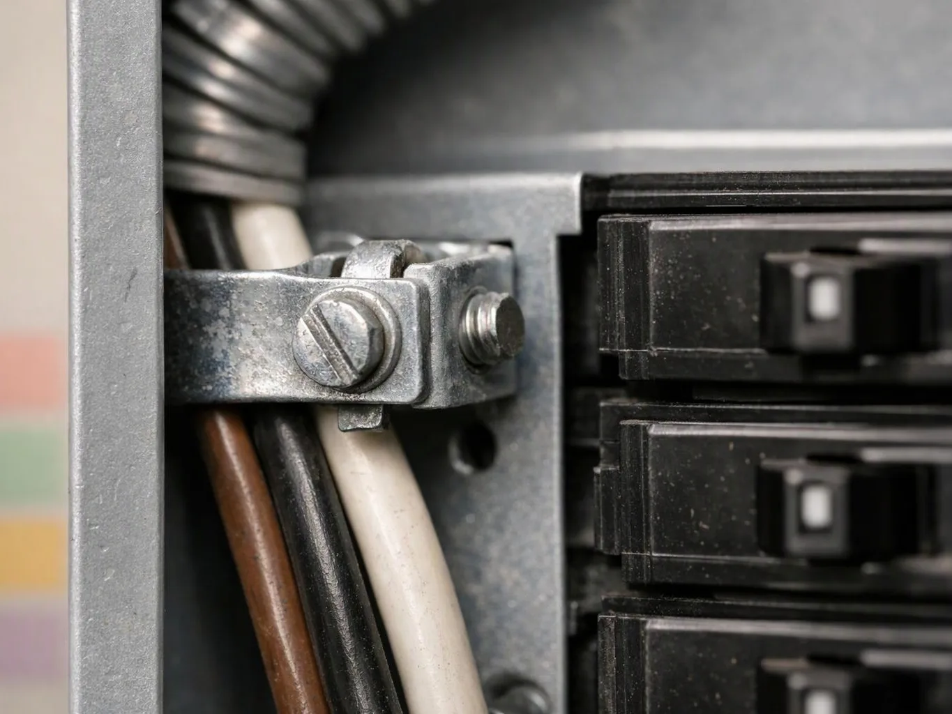 Close-up of electrical wires secured by a metal clamp beside stacked black circuit breakers inside a panel