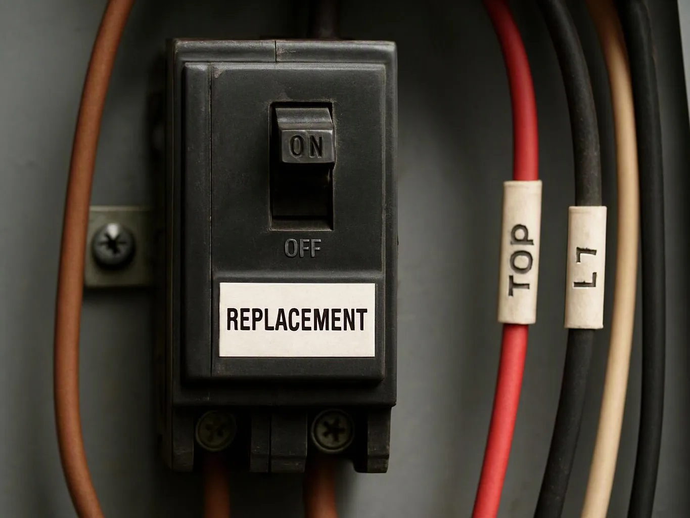 A close-up shows a black electrical switch labeled REPLACEMENT, surrounded by colored wires in a panel