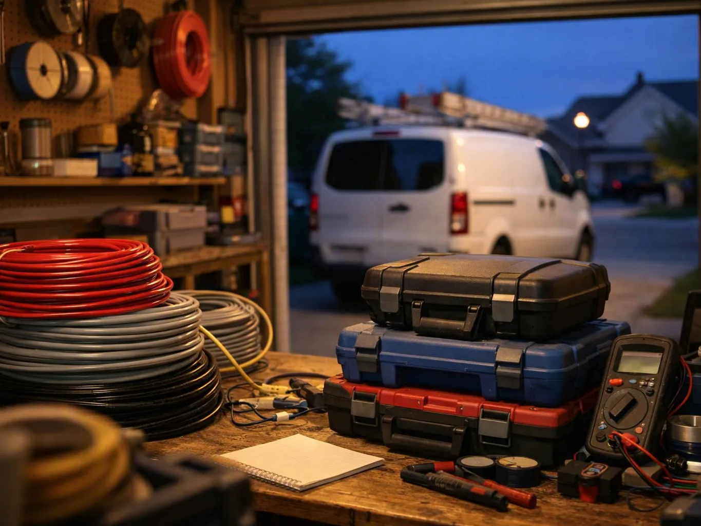 Coiled cables and tool cases sit on a workbench in a garage, with a white van parked outside at dusk