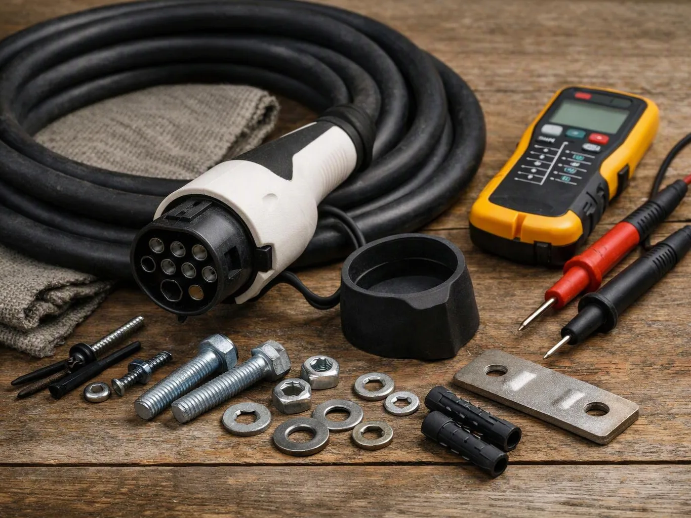 A coiled charging cable with connector, tester, and loose bolts and washers sits on a wooden table