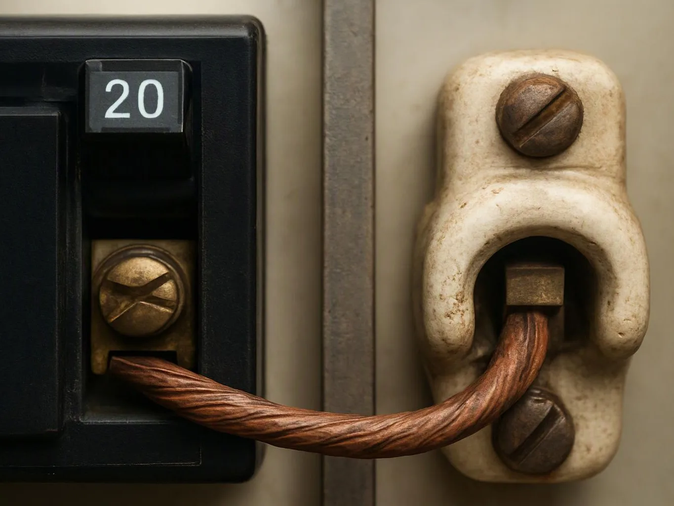 A copper wire connects a black switch labeled 20 to a ceramic insulator on a beige panel
