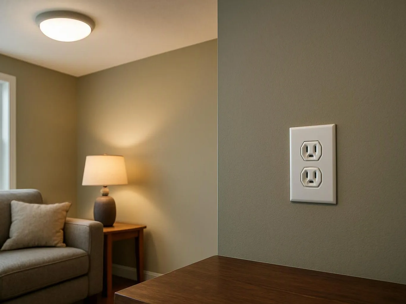 A cozy living room corner shows a sofa, lamp, side table, and a wall outlet beside a wooden surface