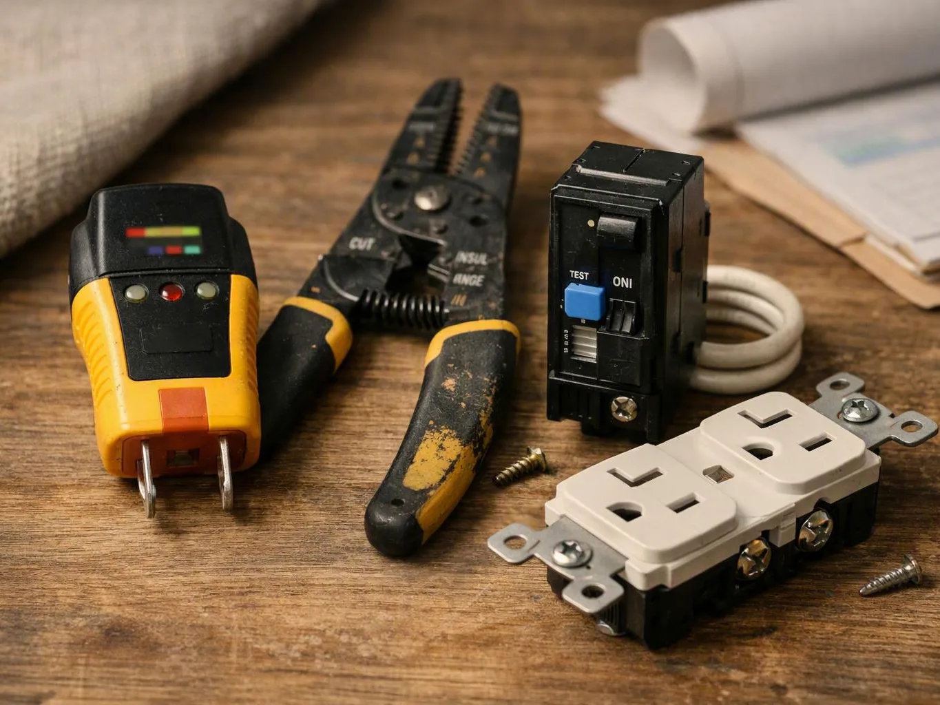 Electrical tools and outlets arranged on a wooden workbench for electrical