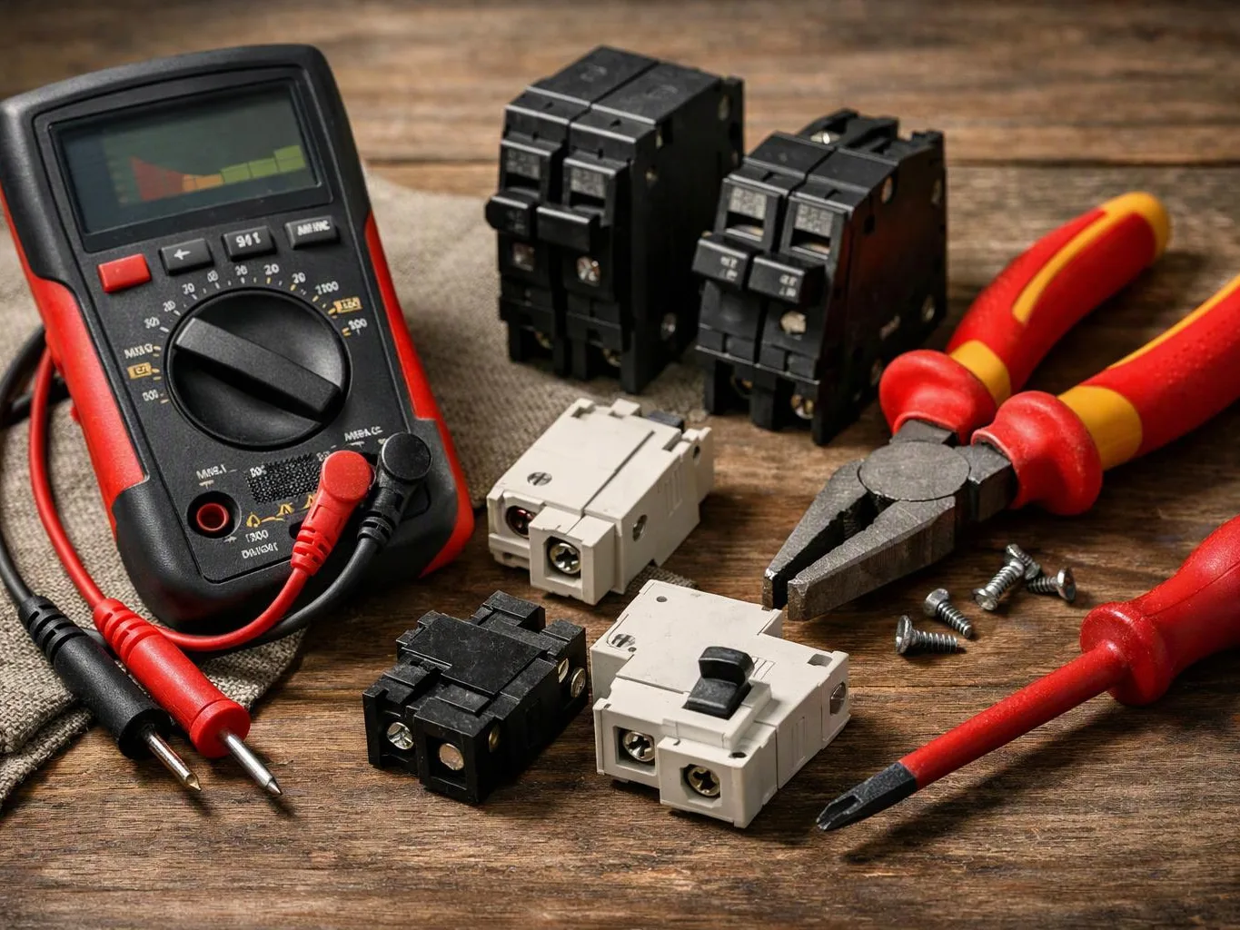 A digital multimeter, circuit breakers, screwdrivers, pliers, probes, and screws sit on a wooden workbench