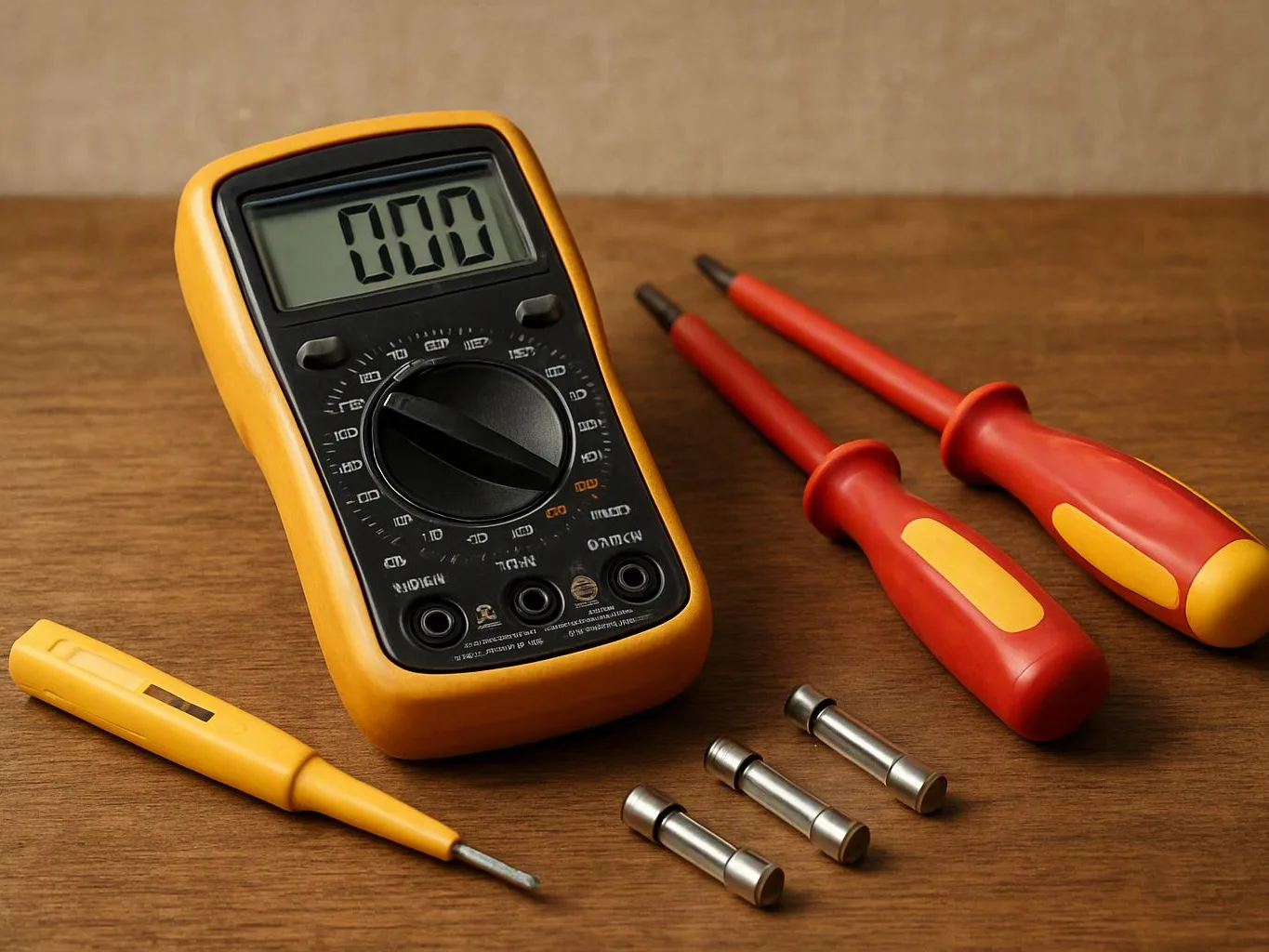 Digital multimeter and test screwdrivers lie on a wooden table with three metal fuses