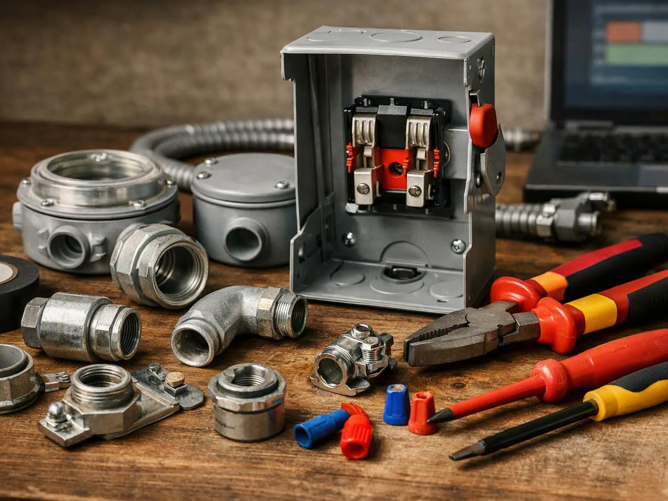 Electrical conduit parts and hand tools are spread across a wooden workbench beside an open metal junction box