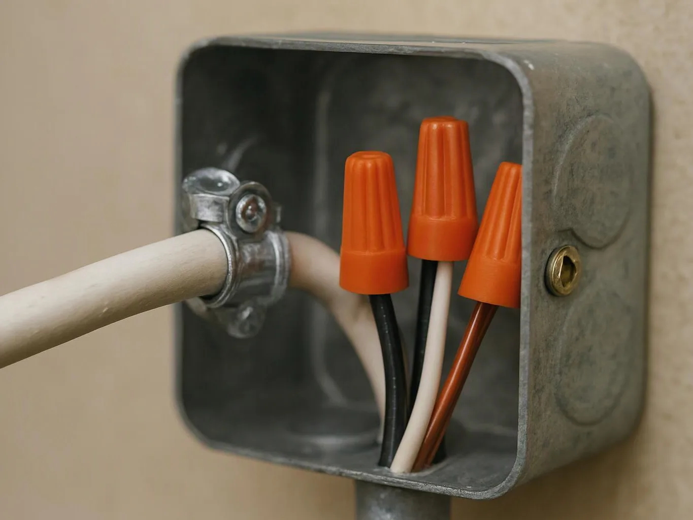 An electrical junction box holds several wired nuts and a white cable on a beige wall