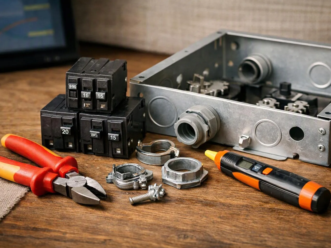Electrical parts, red-handled pliers, and a voltage tester sit on a wooden workbench next to a metal junction box