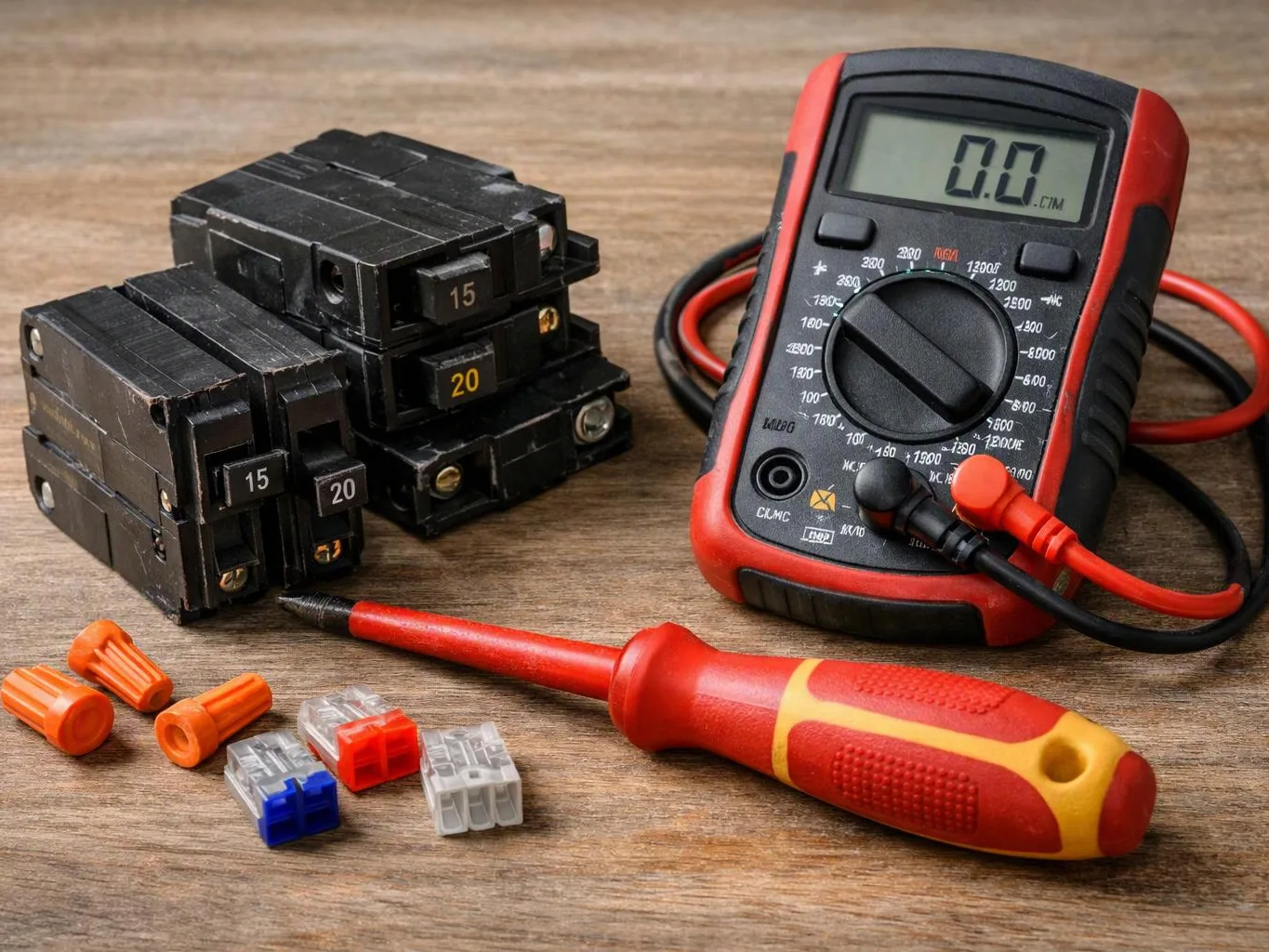 Electrical tools and circuit breakers sit on a wooden surface, with a multimeter, screwdriver, wire connectors